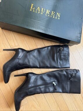 Lauren Ralph Lauren Black Leather Knee-High Stiletto Boots with Buckle